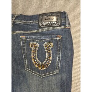 VTG Lawman Womens Western Equestrian Flare Leg Denim Jeans W/ Rhinestones Tall